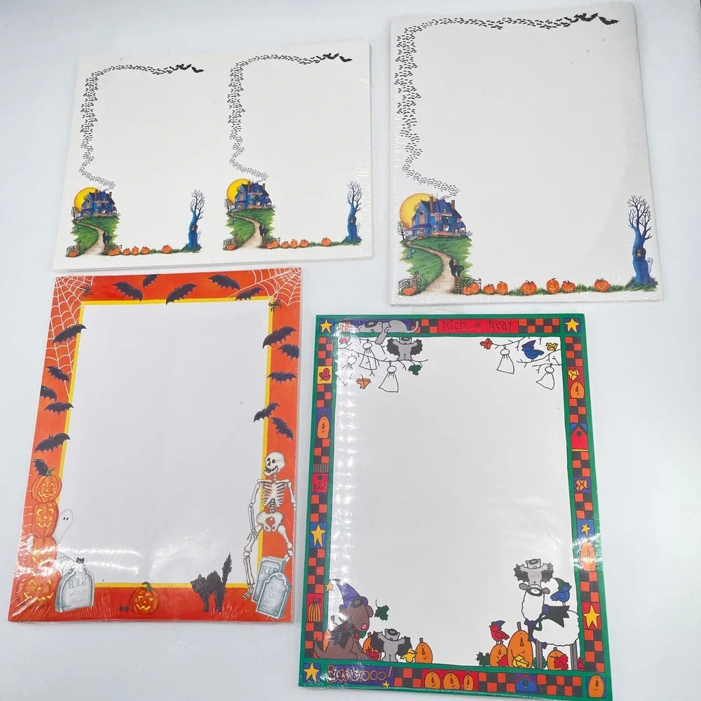 Vintage Halloween Stationery Set Haunted House Bats Skeleton 4 Packs New